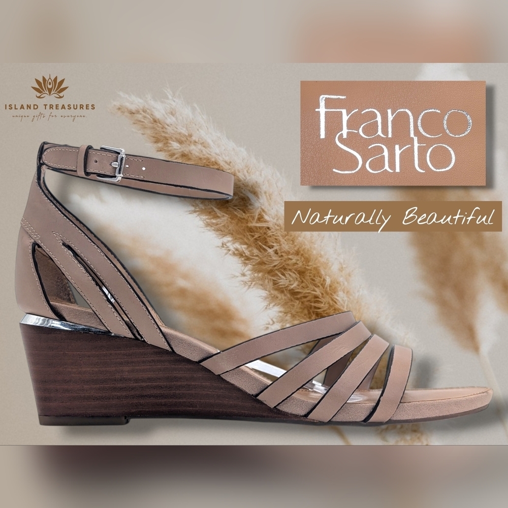 Franco Sarto L-Della Sz 9.5M Taupe Strappy Leather Wedge Sandal Silver Buckles